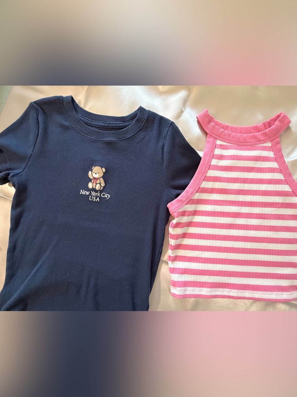Hollister Navy Tee with Teddy Embroidery & Pink White Striped Tank